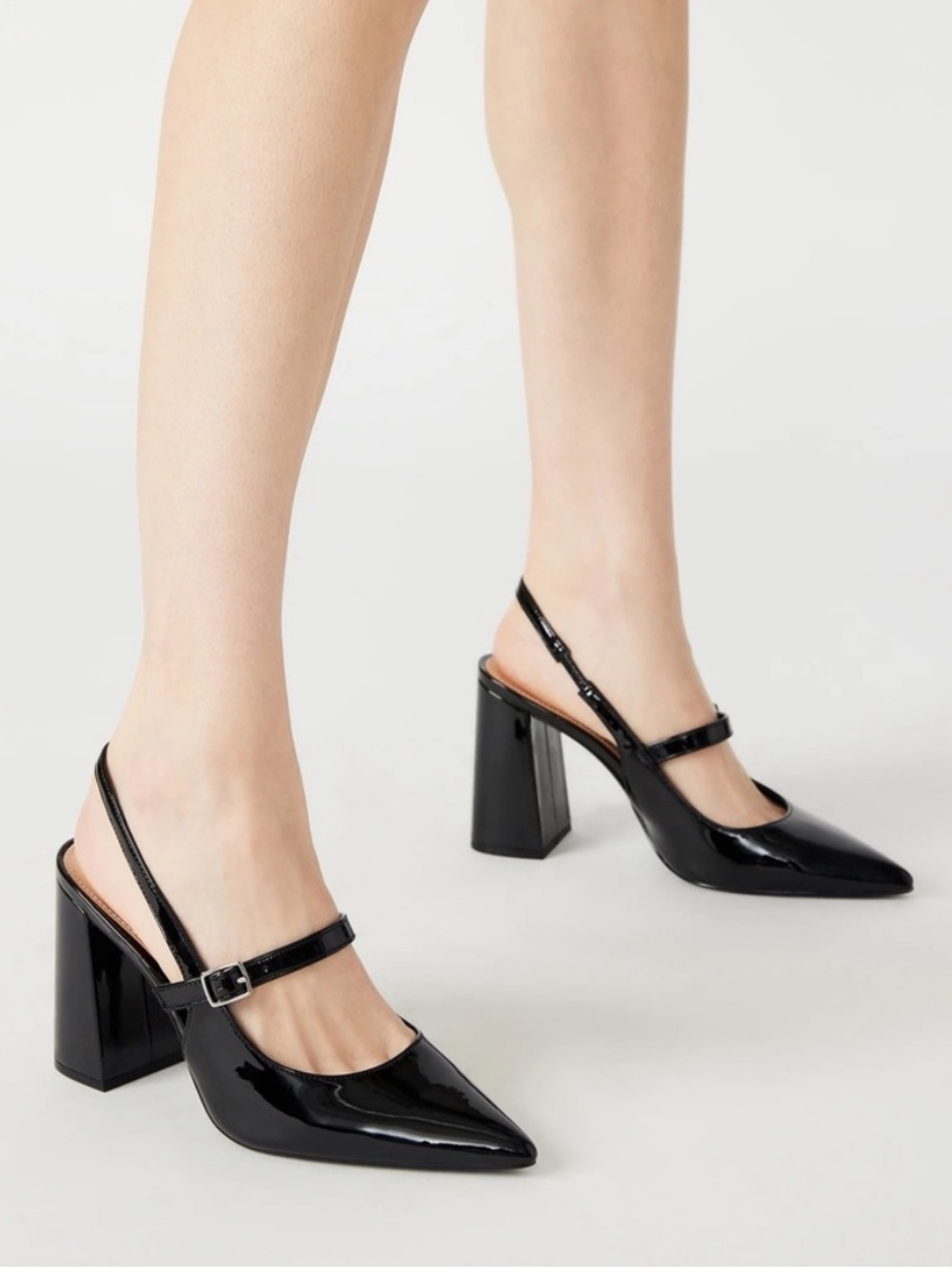 Steve Madden Maegan Black Patent Pointed Slingback Block Heels